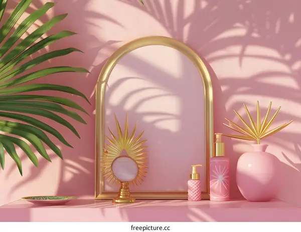 Pink and Gold Aesthetic with Palm Leaf and Mirror