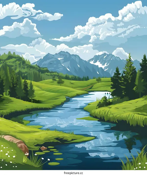 Mountain Landscape Illustration with River and Green Meadows