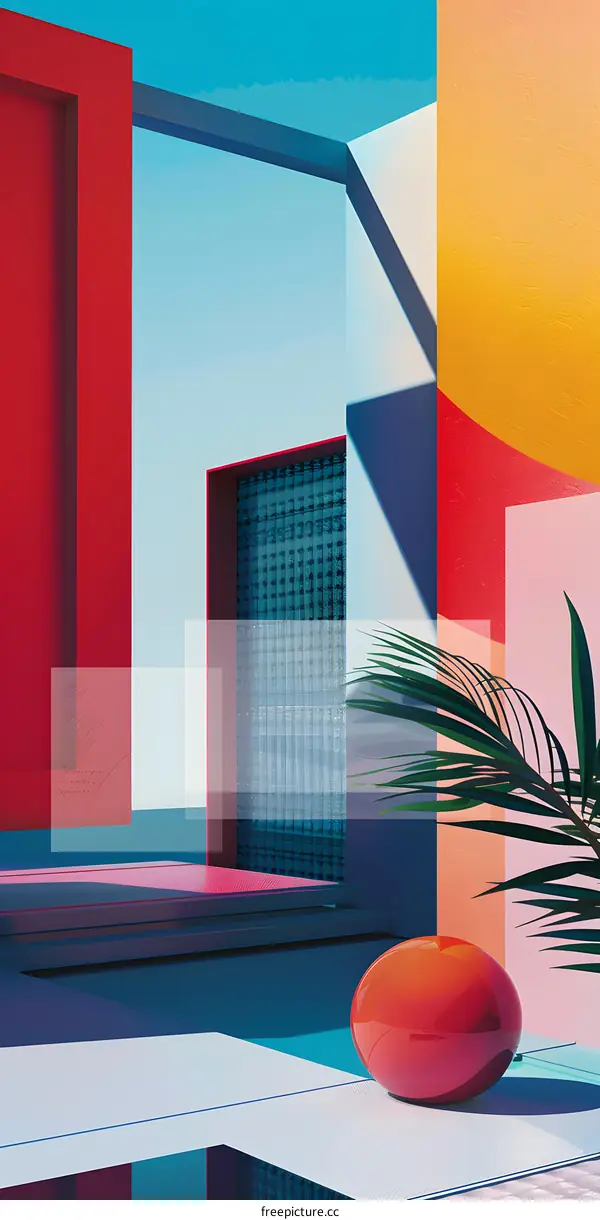 Geometric Shapes with Palm Tree and Red Sphere