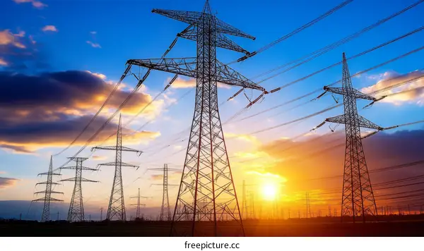 Sunset Silhouette of Power Transmission Lines