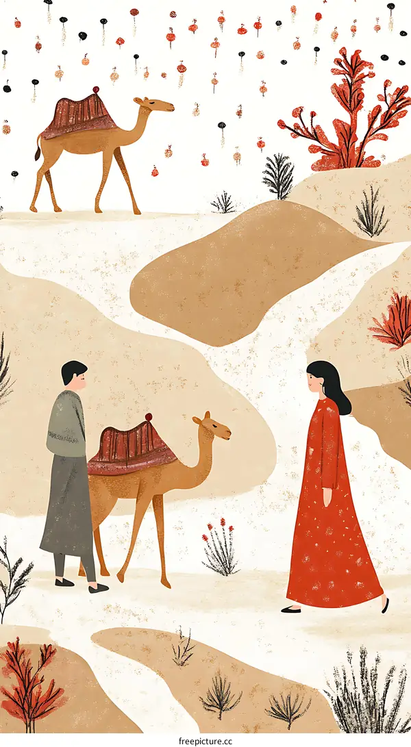 Camel  Desert Illustration with People