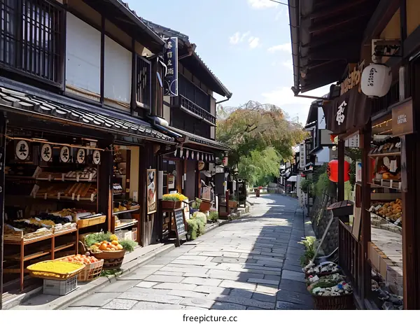 Traditional Japanese Street With Shops And Cobblestone Pavement