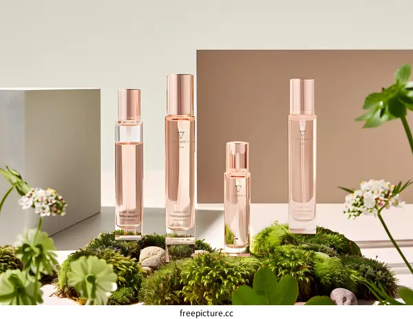 Rose Gold Perfume Bottles On Moss