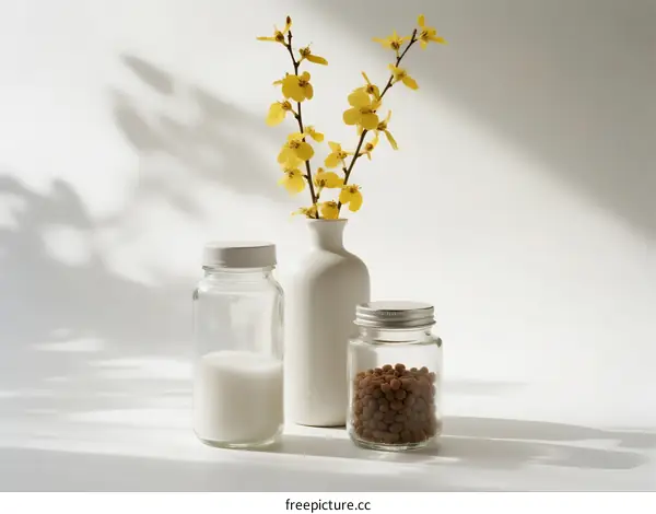 A white vase with yellow flowers and two glass jars on white background