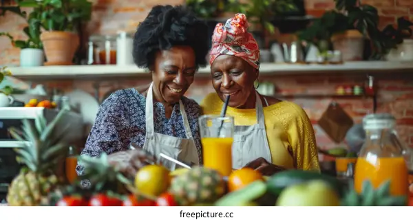 Two elderly African American women cooking together in a kitchen