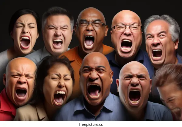 People of different ethnicities and ages are screaming with their eyes closed.