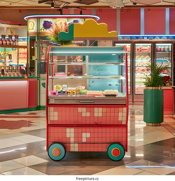 Red Food Cart with Colorful Design in a Retail Store