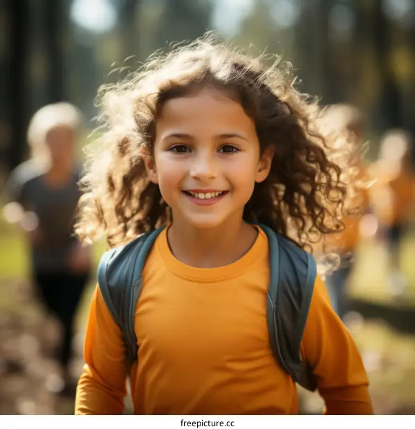 Curly-haired girl smiling while running in the woods with friends