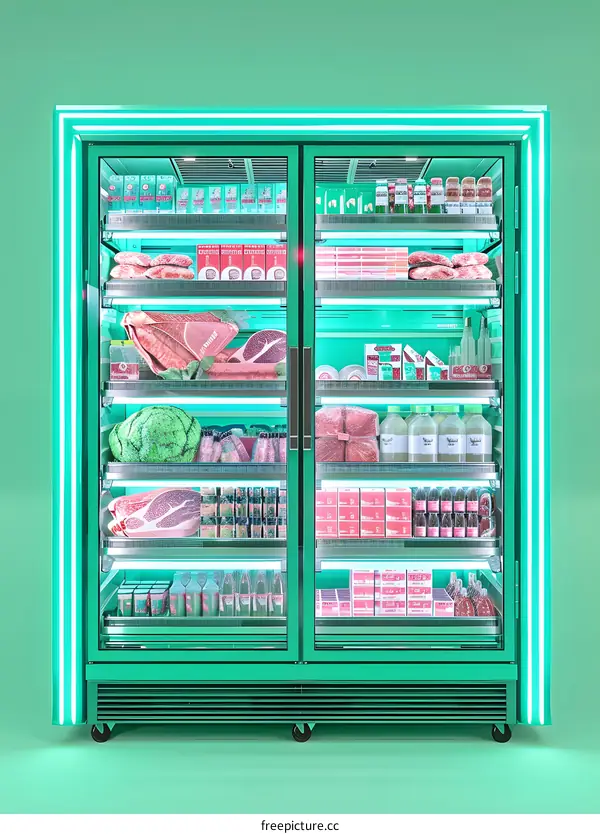 Green Neon Glass Refrigerator Full of Meat and Dairy Products