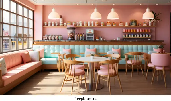 Pink and blue pastel color scheme cafe interior