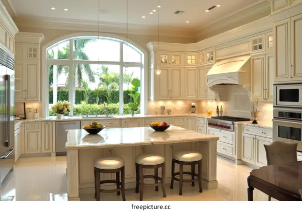 Large luxury kitchen with island and stainless steel appliances