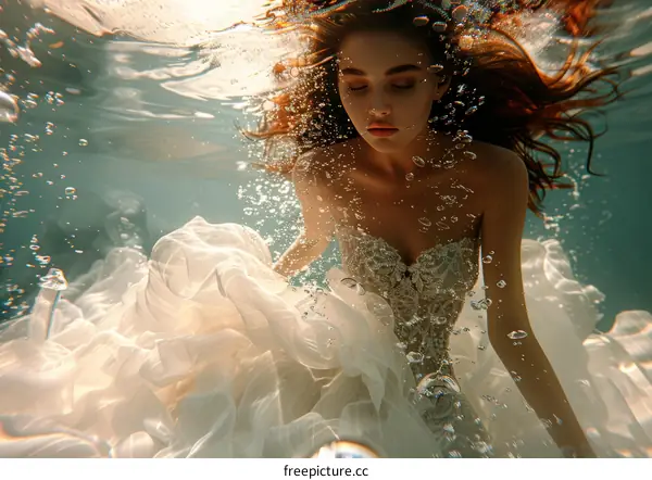 ethereal underwater photoshoot of a woman wearing a wedding dress