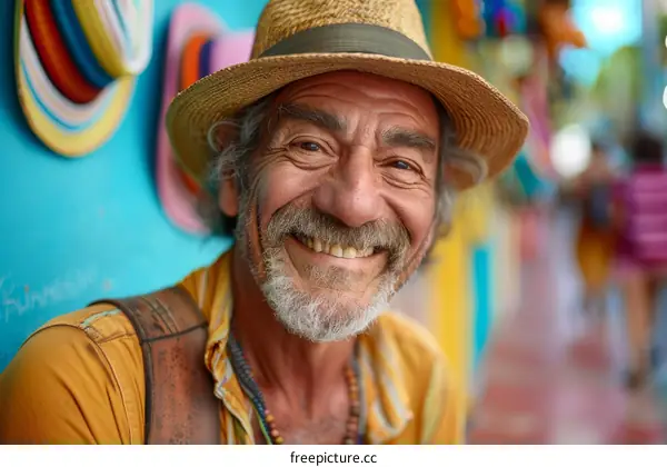 Smiling Senior Man in Colorful Market Setting