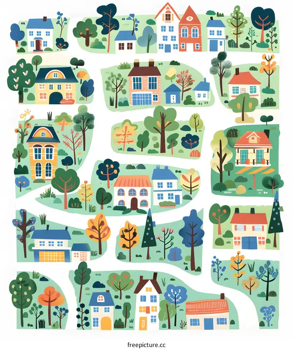 Colorful Illustration of a Small Town with Houses and Trees