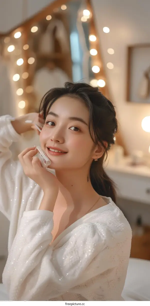 Asian woman applying makeup in front of a mirror