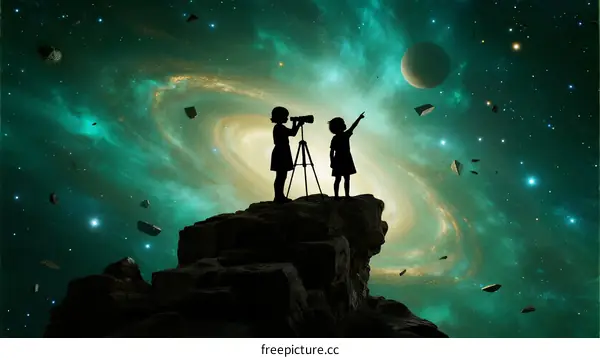 Children Standing on Rock Observing Space with Telescope and Binoculars