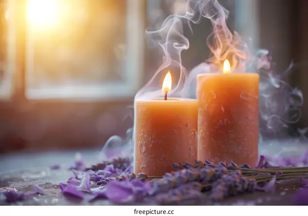 Two Candles Burning with Lavender Flowers