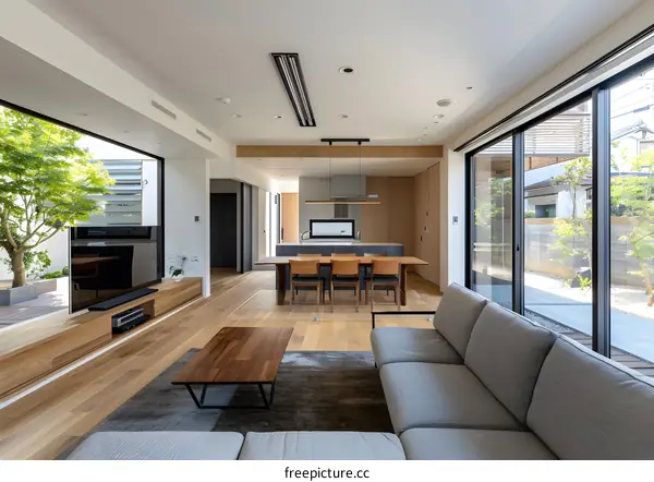 Modern Minimalist Living Room Interior Design with Large Windows
