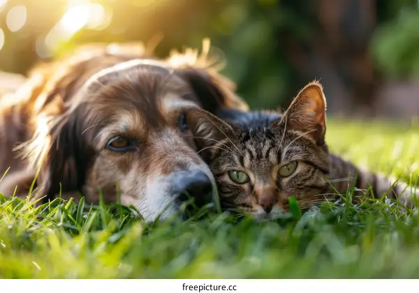 A ginger dog and a tabby cat lying on the grass together