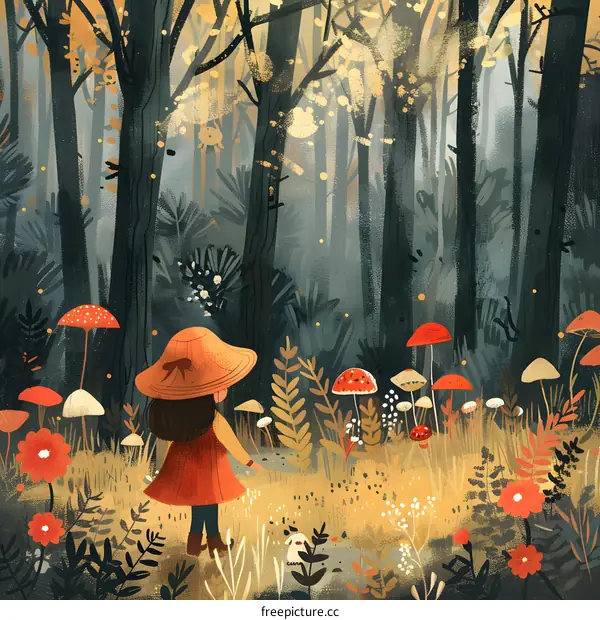 Little Girl Exploring Magical Forest With Mushrooms