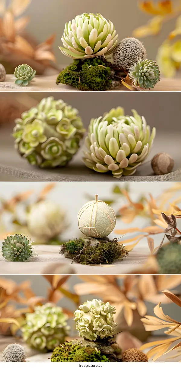 Green Succulents on Mossy Rocks and Beige Fabric