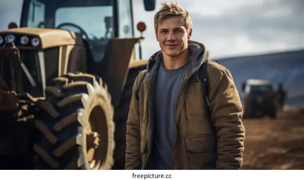 Young Farmer Standing in Front of Tractor