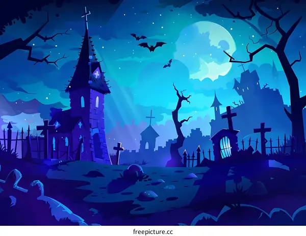 Halloween Night Cemetery Church Graveyard Spooky Landscape