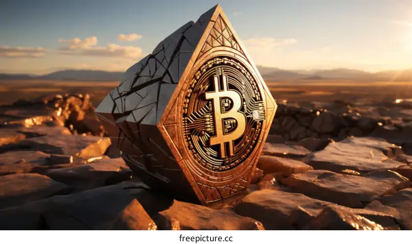 A golden Bitcoin embedded in a rock in the middle of a desert