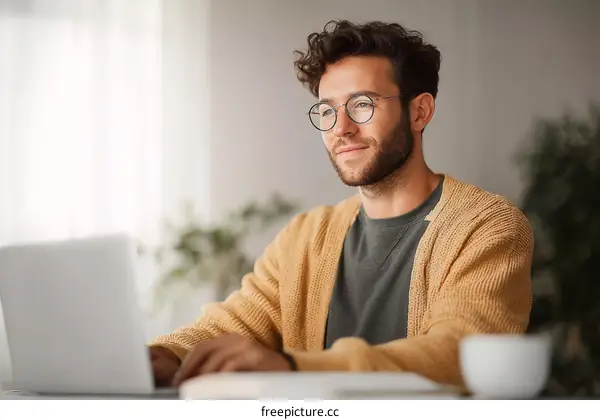 Young Man Working on Laptop in a Home Office Setting