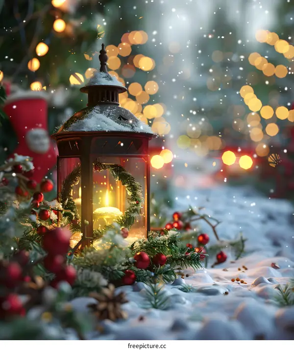 Christmas lantern in the snow with a decorated Christmas tree in the background