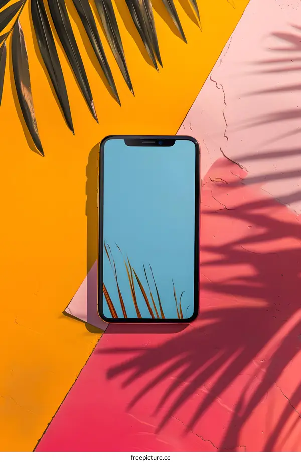 Smartphone On Yellow And Pink Background With Palm Leaf Shadow