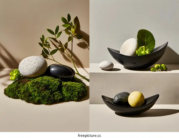 Black and White Stones on a Green Moss Base