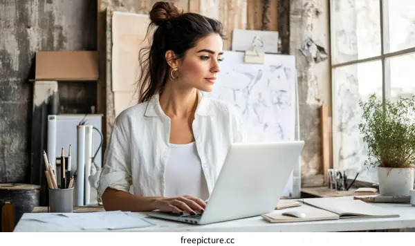 Young Woman Working at Laptop in Creative Studio