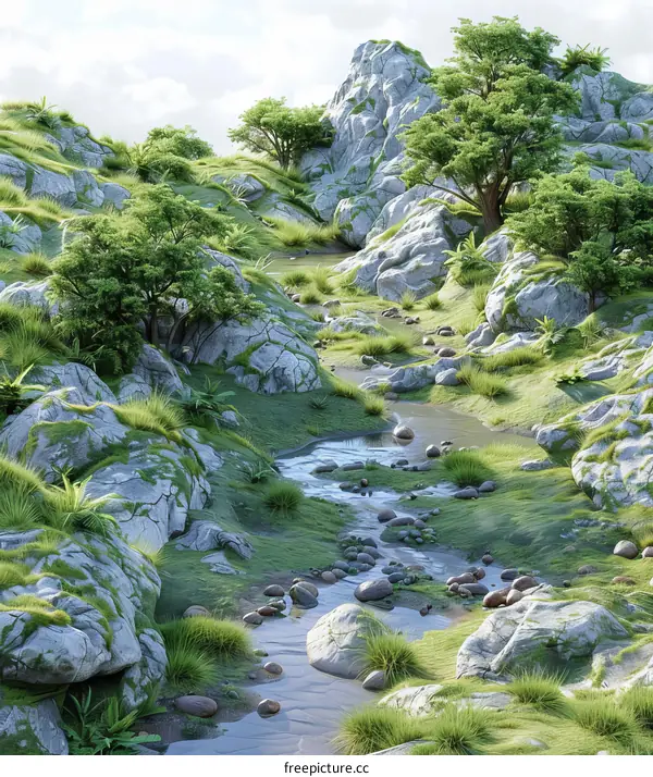 River Valley Landscape with Rocks and Trees