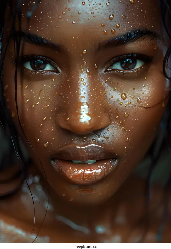 Close-up portrait of a beautiful African woman with water drops on her face