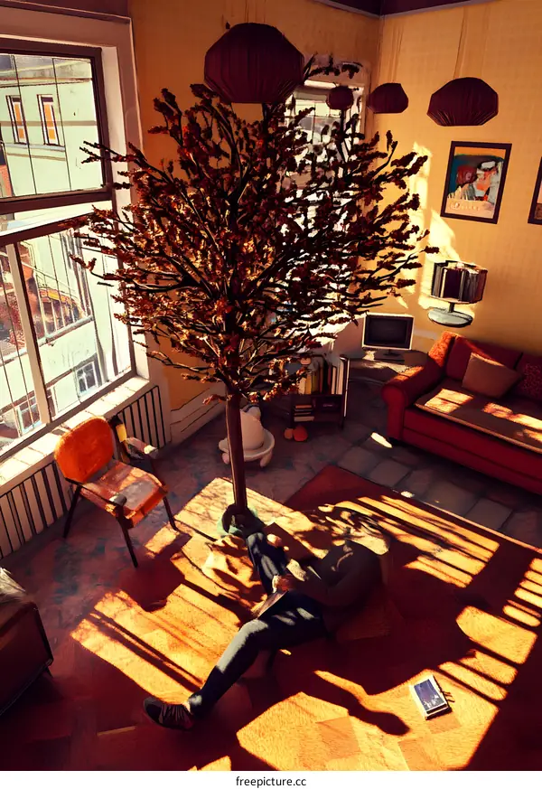 Man Relaxing on Floor in Sunlight Filled Living Room