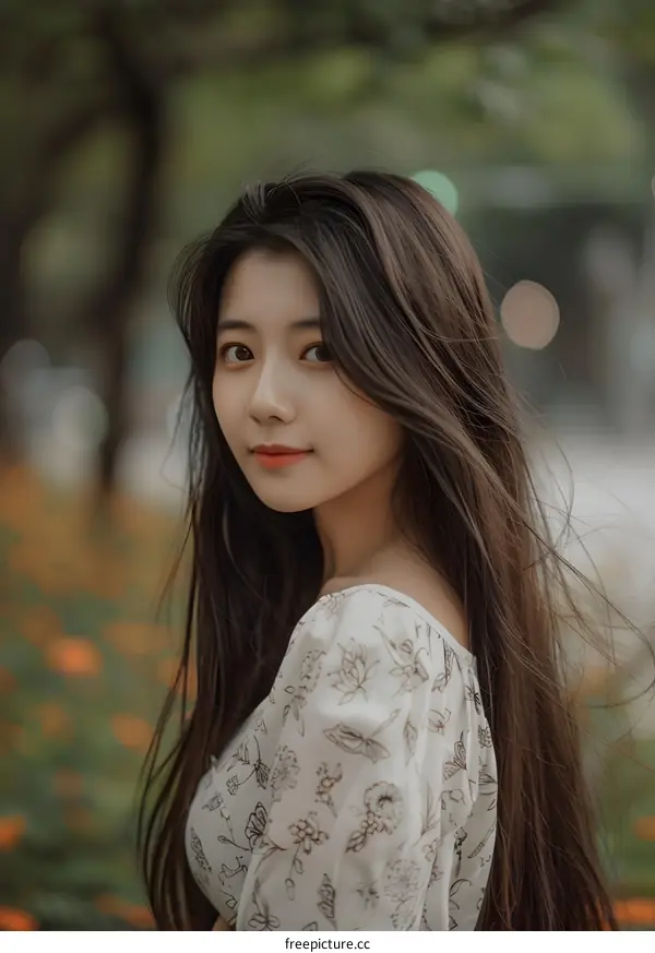 Portrait of a Young Asian Woman with Long Hair Looking Over Her Shoulder