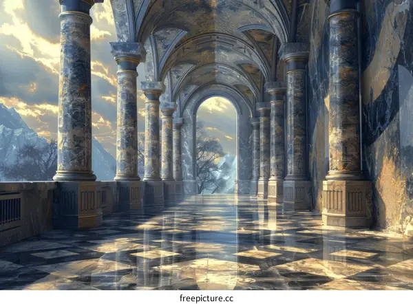 Grand Hallway with Marble Columns and Tiled Floor