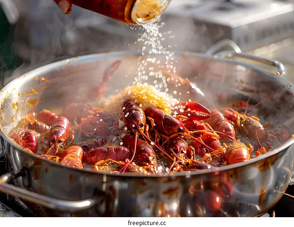 A large pot of crawfish being seasoned with spices