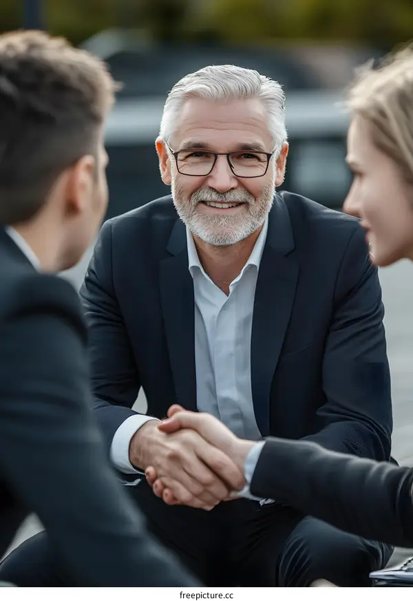 Businessman Shaking Hands with Colleagues Outdoors