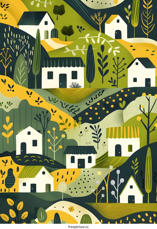 Green Hills and Houses with Yellow Pattern