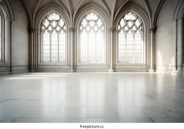 ornate empty hall with marble floor and arched windows