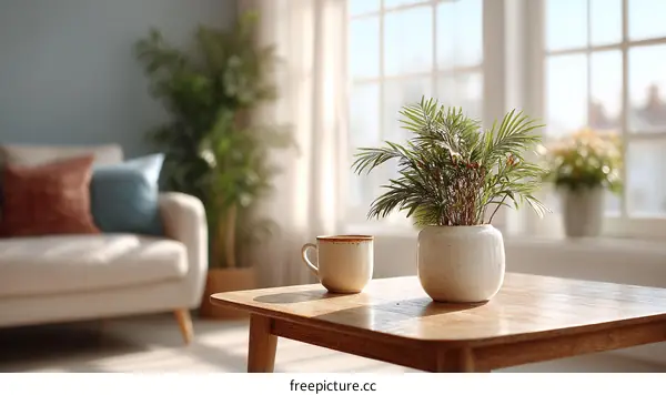 Cozy Living Room Scene with Plants and Coffee