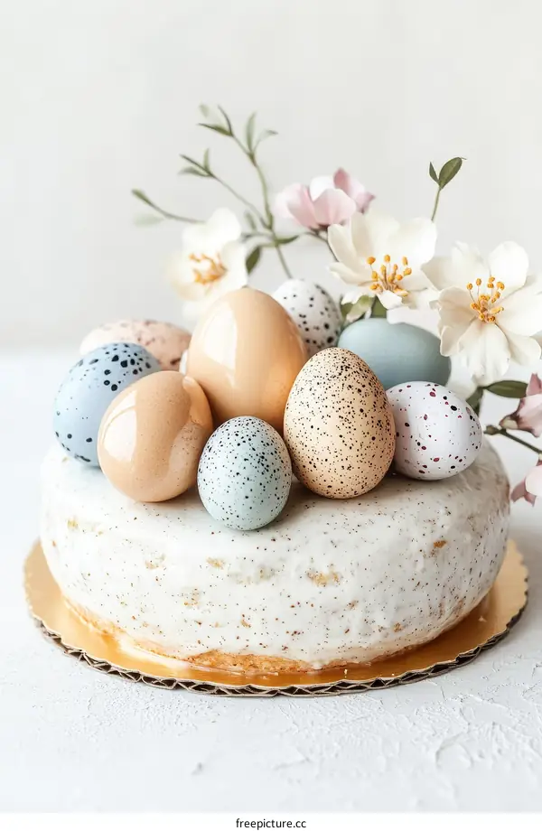 Easter Cake Decorated with Colorful Eggs and Flowers