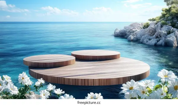 Wooden Platform by the Sea with Flowers