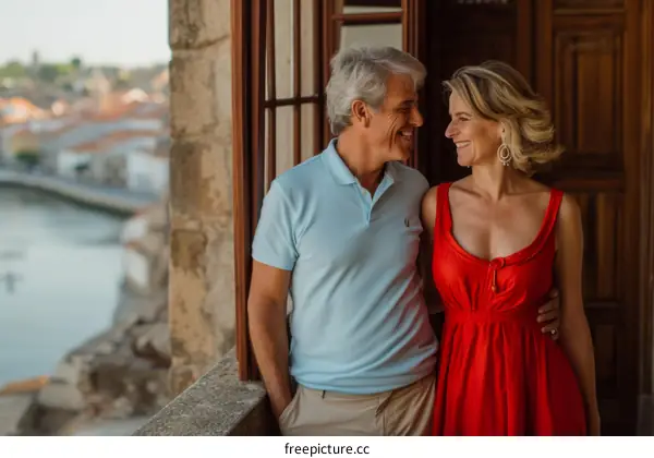 Happy couple enjoying the view from a balcony in Porto, Portugal