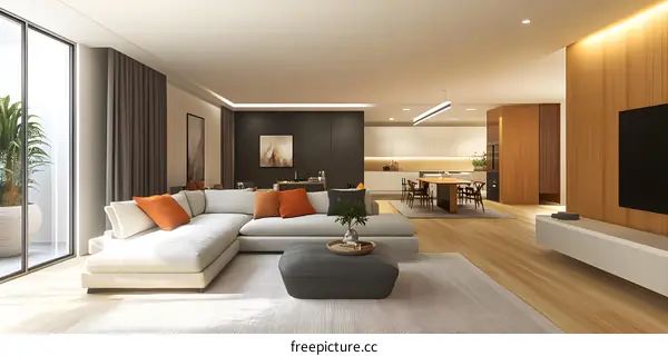 Modern Living Room Interior Design With White Sofa And Wooden Floor