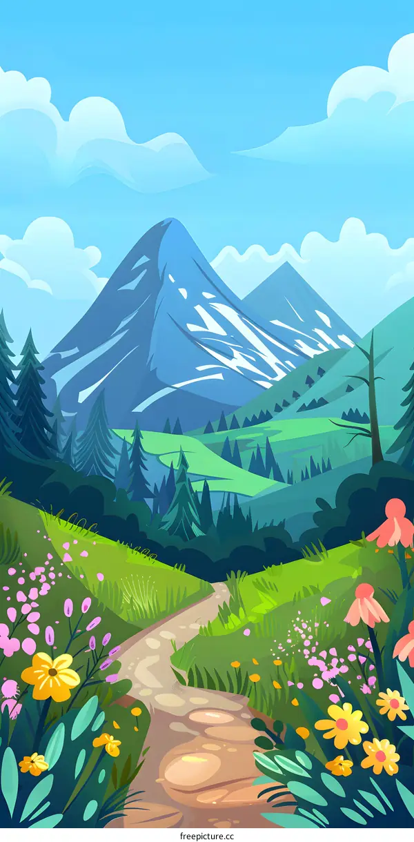 Mountain Path With Flowers And Forest