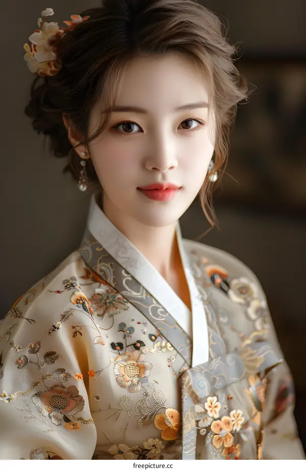 Portrait of a young woman in traditional Korean dress, or Hanbok