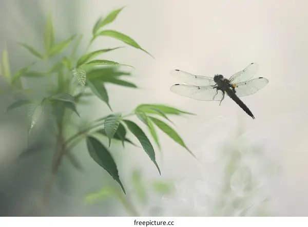 Dragonfly Hovering Near Plant